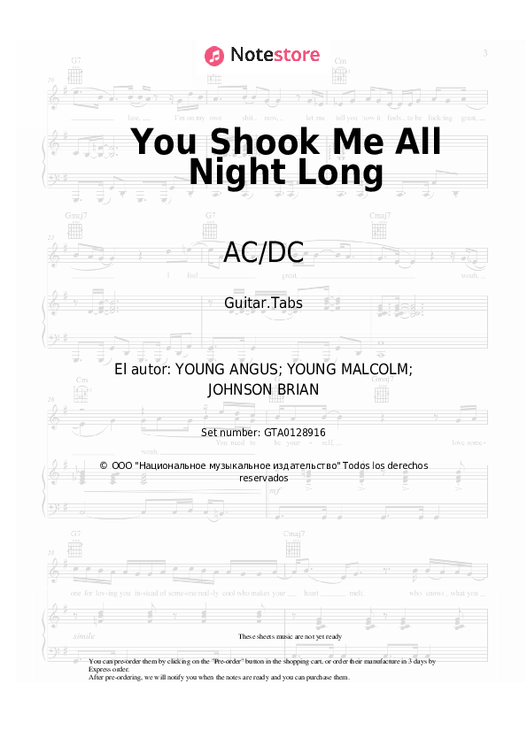 Pestañas AC/DC - You Shook Me All Night Long - Guitarra.Tablatura