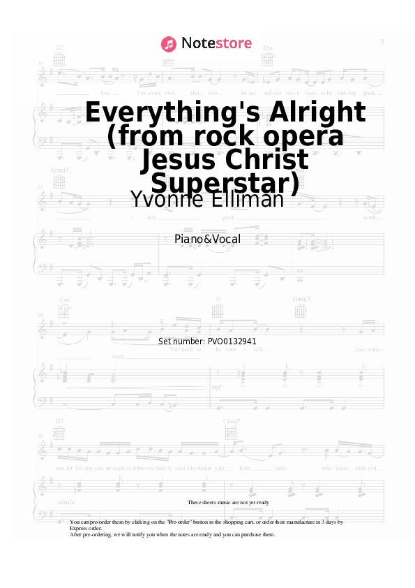 Partituras con voz. Yvonne Elliman, Ian Gillan, Murray Head - Everything's Alright (from rock opera Jesus Christ Superstar) - Piano&Vocal