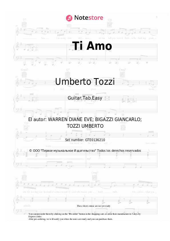 Pestañas fáciles Umberto Tozzi - Ti Amo - Guitarra.Tablatura.Einfach