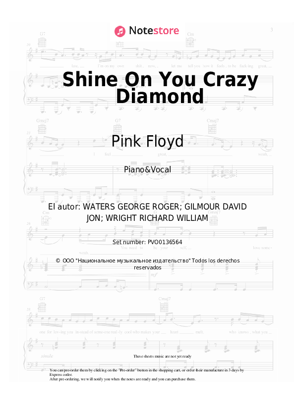 Partituras con voz. Pink Floyd - Shine On You Crazy Diamond - Piano&Vocal