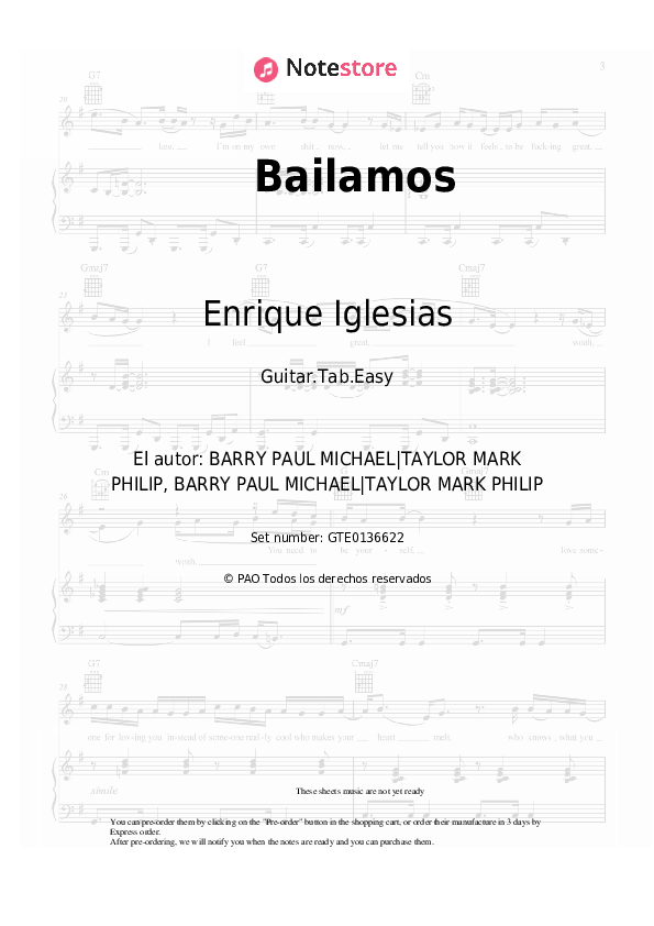 Pestañas fáciles Enrique Iglesias - Bailamos - Guitarra.Tablatura.Einfach