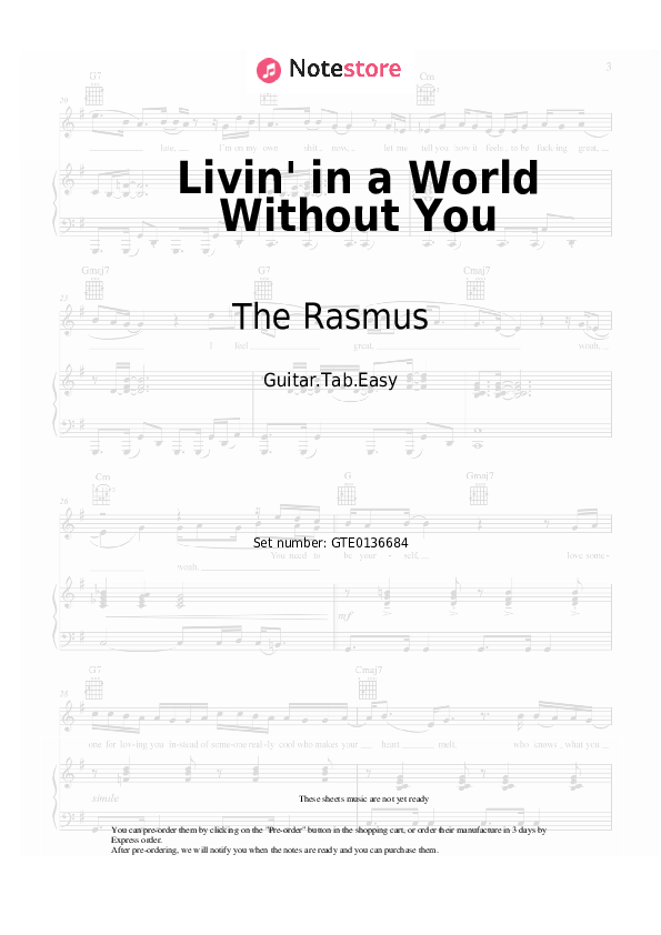 Pestañas fáciles The Rasmus - Livin' in a World Without You - Guitarra.Tablatura.Einfach