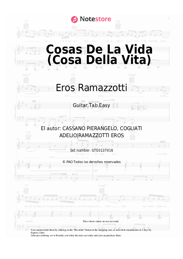 Pestañas fáciles Eros Ramazzotti - Cosas De La Vida (Cosa Della Vita) - Guitarra.Tablatura.Einfach