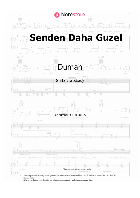Pestañas fáciles[[d] Notas Duman - Senden Daha Guzel - Guitarra.Tablatura.Easy
