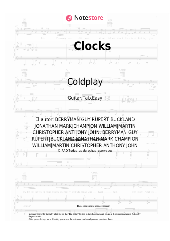 Pestañas fáciles Coldplay - Clocks - Guitarra.Tablatura.Einfach