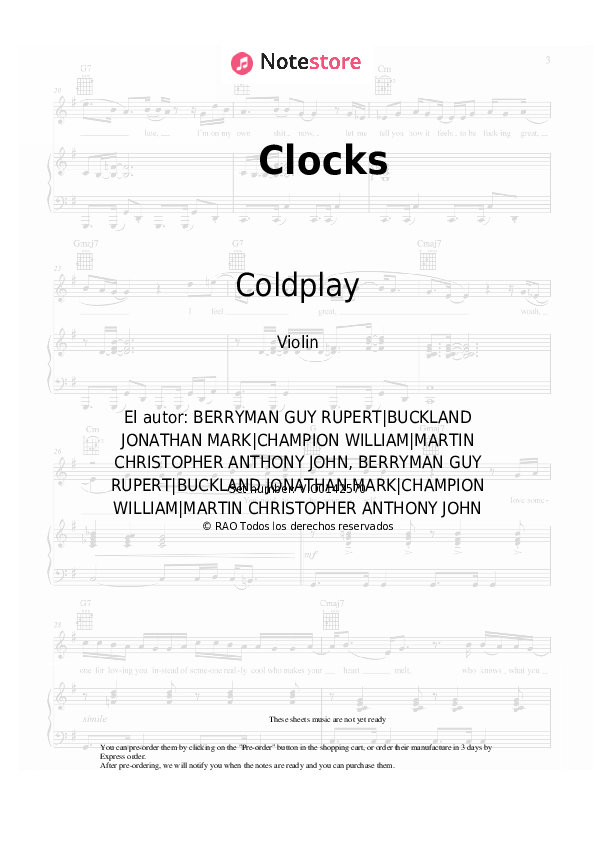 Notas Coldplay - Clocks - Violín