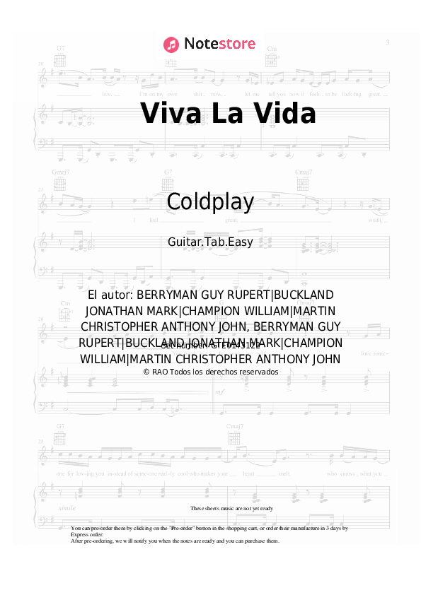 Pestañas fáciles Coldplay - Viva La Vida - Guitarra.Tablatura.Einfach