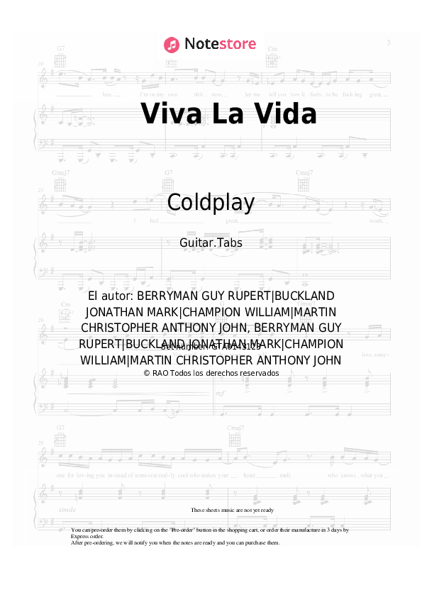 Pestañas Coldplay - Viva La Vida - Guitarra.Tablatura