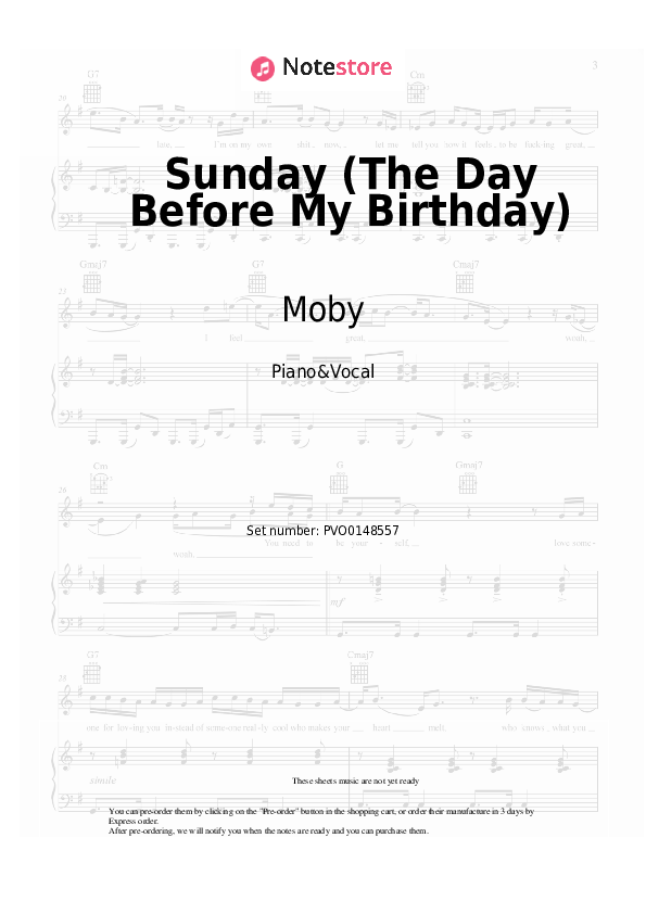 Partituras con voz. Moby - Sunday (The Day Before My Birthday) - Piano&Vocal