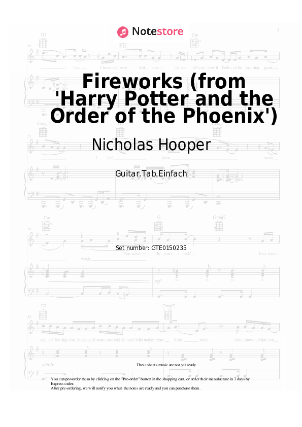 Pestañas fáciles Nicholas Hooper - Fireworks (from 'Harry Potter and the Order of the Phoenix') - Guitarra.Tablatura.Einfach