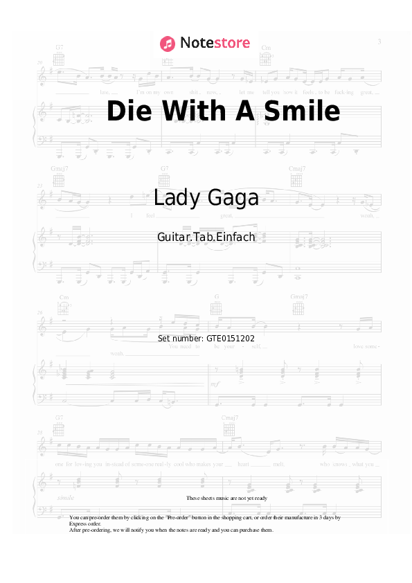 Pestañas fáciles Lady Gaga, Bruno Mars - Die With A Smile - Guitarra.Tablatura.Einfach