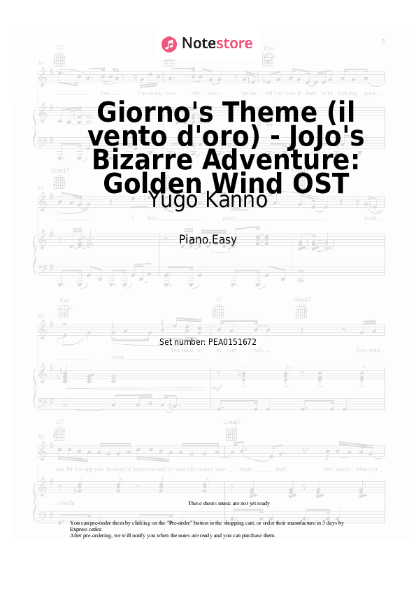 Notas ligeras Yugo Kanno - Giorno's Theme (il vento d'oro) - JoJo's Bizarre Adventure: Golden Wind OST - Piano.Easy