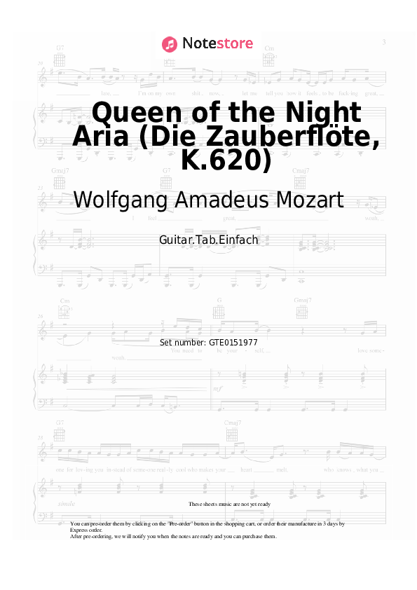 Pestañas fáciles Wolfgang Amadeus Mozart - Queen of the Night Aria (Die Zauberflöte, K.620) - Guitarra.Tablatura.Einfach