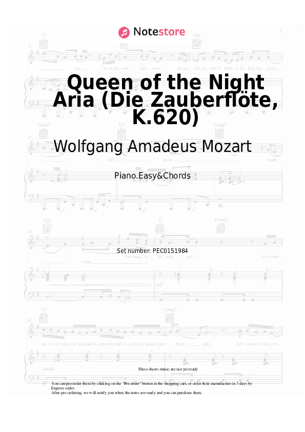 Notas y acordes fáciles Wolfgang Amadeus Mozart - Queen of the Night Aria (Die Zauberflöte, K.620) - Piano.Easy&Chords