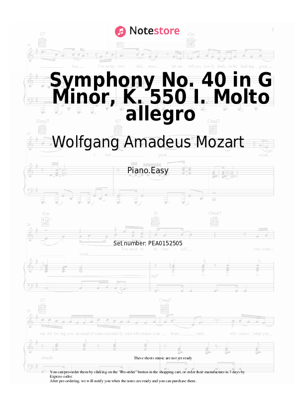 Notas ligeras Wolfgang Amadeus Mozart - Symphony No. 40 in G Minor, K. 550 I. Molto allegro - Piano.Easy