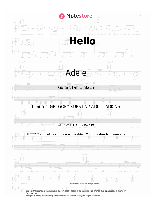 Pestañas fáciles Adele - Hello - Guitarra.Tablatura.Einfach