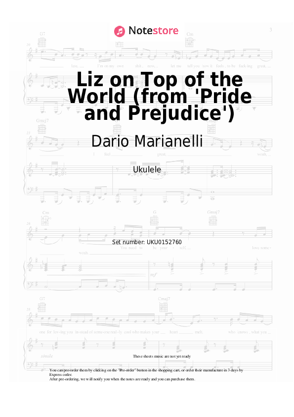 Notas Dario Marianelli - Liz on Top of the World (from 'Pride and Prejudice') - Ukelele