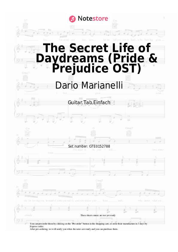 Pestañas fáciles Dario Marianelli - The Secret Life of Daydreams (Pride & Prejudice OST) - Guitarra.Tablatura.Einfach