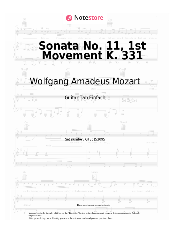 Pestañas fáciles Wolfgang Amadeus Mozart - Sonata No. 11, 1st Movement K. 331 - Guitarra.Tablatura.Einfach