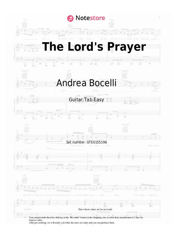 Pestañas fáciles Andrea Bocelli - The Lord's Prayer - Guitarra.Tablatura.Einfach