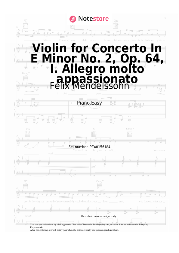 Notas ligeras Felix Mendelssohn - Violin for Concerto In E Minor No. 2, Op. 64, I. Allegro molto appassionato - Piano.Easy