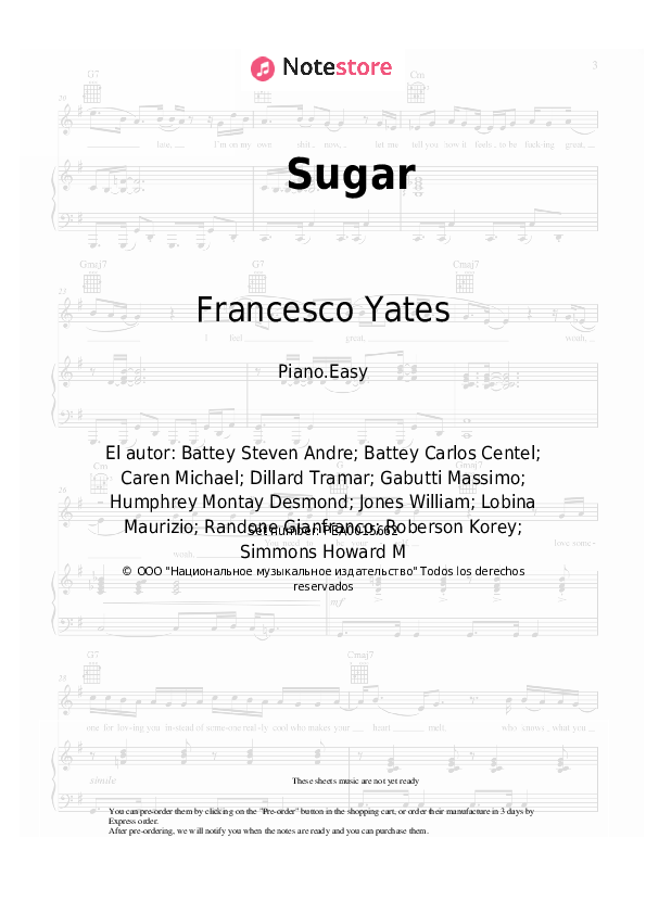 Notas ligeras Robin Schulz, Francesco Yates - Sugar - Piano.Easy