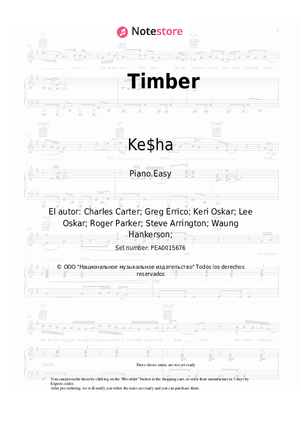 Notas ligeras Pitbull, Ke$ha - Timber - Piano.Easy