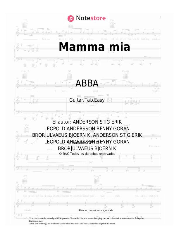 Pestañas fáciles ABBA - Mamma mia - Guitarra.Tablatura.Einfach