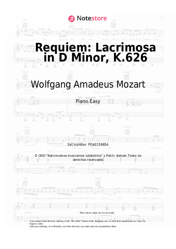 Notas ligeras Wolfgang Amadeus Mozart - Requiem: Lacrimosa in D Minor, K.626 - Piano.Easy