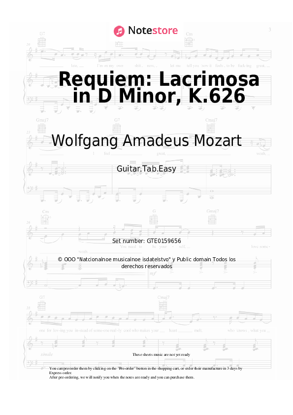 Pestañas fáciles Wolfgang Amadeus Mozart - Requiem: Lacrimosa in D Minor, K.626 - Guitarra.Tablatura.Einfach