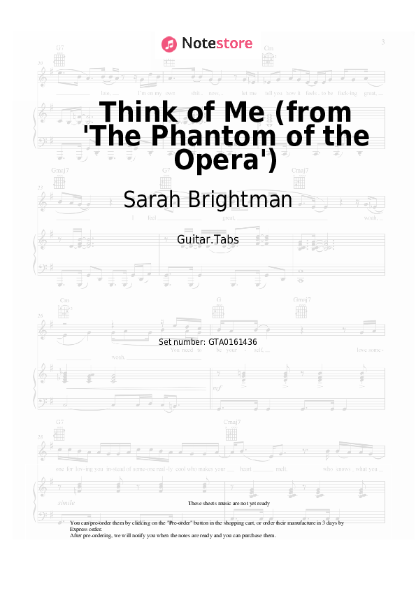 Pestañas Sarah Brightman, Steve Barton, Andrew Lloyd Webber - Think of Me (from 'The Phantom of the Opera') - Guitarra.Tablatura