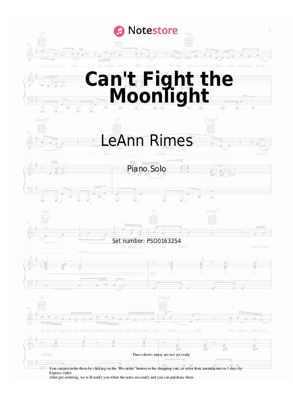 Notas LeAnn Rimes - Can't Fight the Moonlight - Piano.Solo