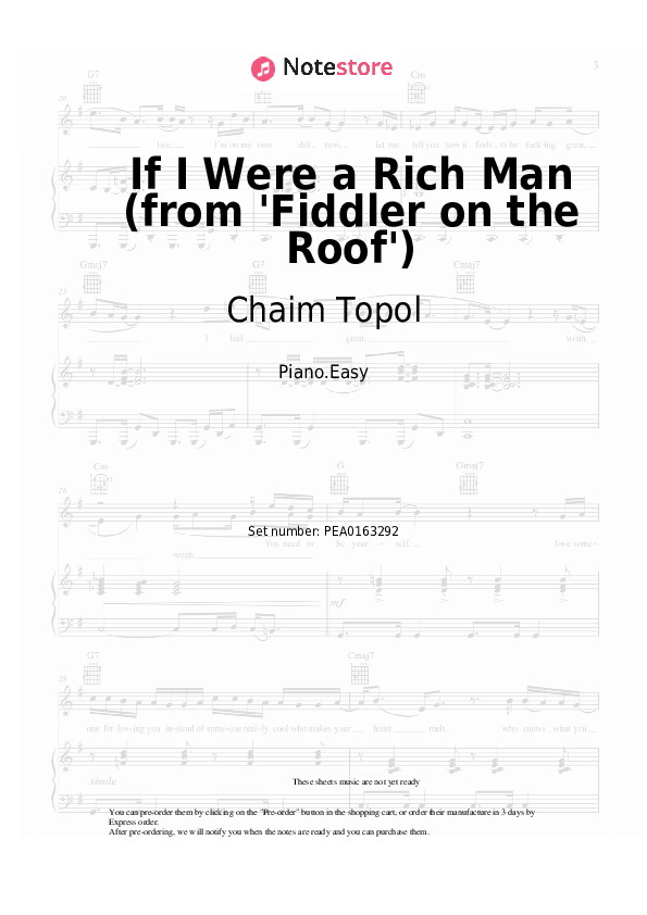 Notas ligeras Chaim Topol, Jerry Bock, Sheldon Harnick - If I Were a Rich Man (from 'Fiddler on the Roof') - Piano.Easy