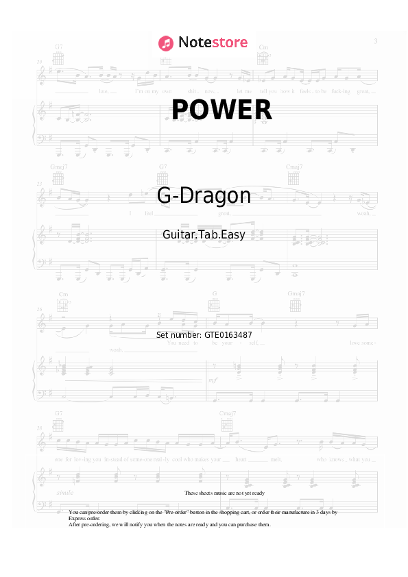 Pestañas fáciles G-Dragon - POWER - Guitarra.Tablatura.Einfach