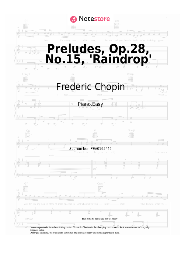 Notas ligeras Frederic Chopin - Preludes, Op.28, No.15, 'Raindrop' - Piano.Easy