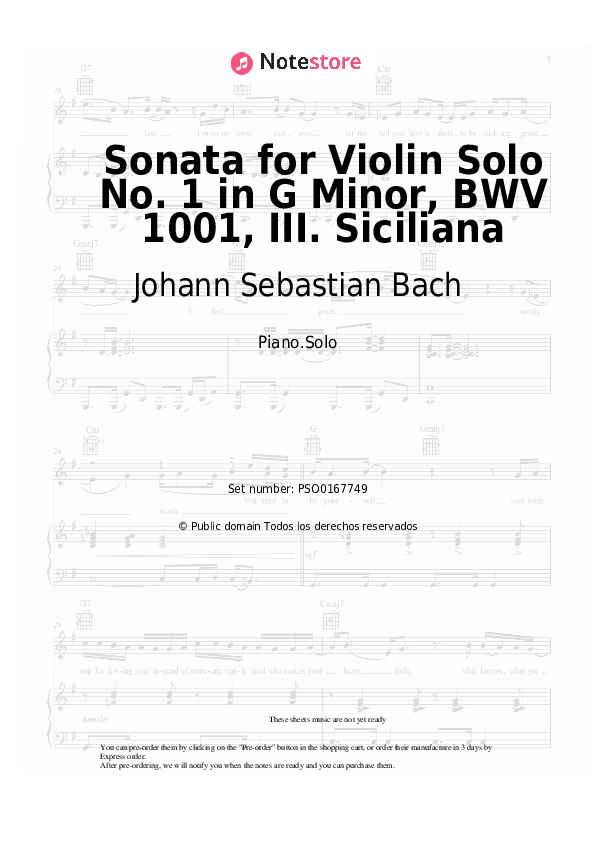 Notas Johann Sebastian Bach - Sonata for Violin Solo No. 1 in G Minor, BWV 1001, III. Siciliana - Piano.Solo