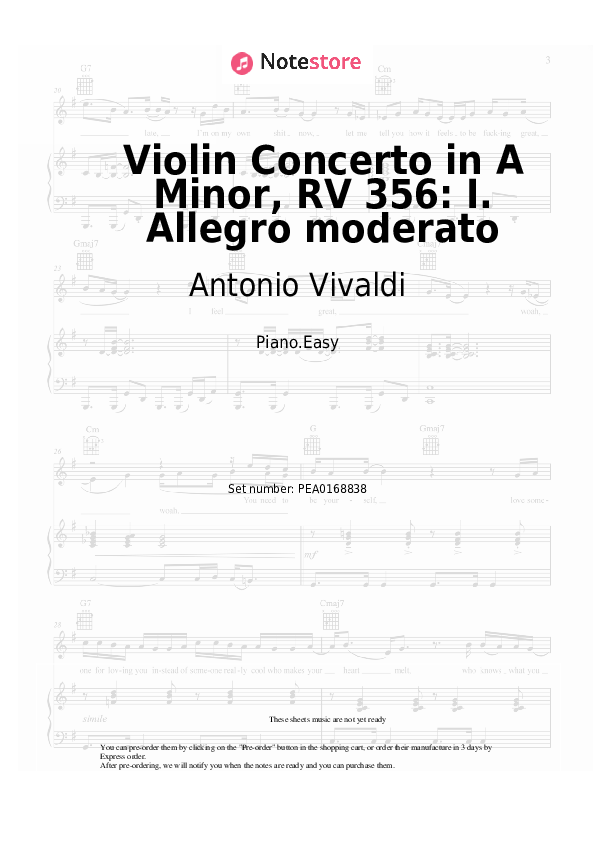 Notas ligeras Antonio Vivaldi - Violin Concerto in A Minor, RV 356: I. Allegro moderato - Piano.Easy