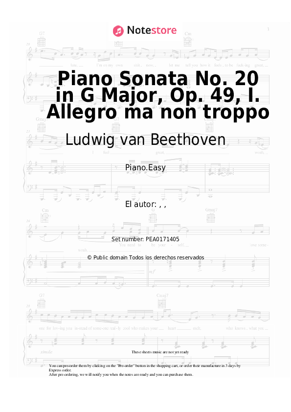 Notas ligeras Ludwig van Beethoven - Piano Sonata No. 20 in G Major, Op. 49, I. Allegro ma non troppo - Piano.Easy