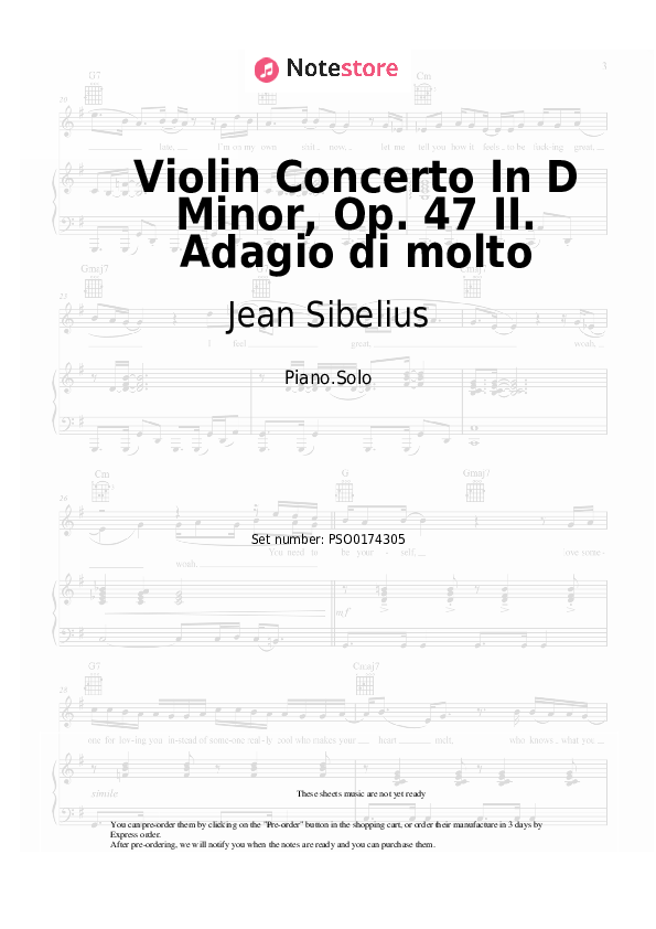 Notas Jean Sibelius - Violin Concerto In D Minor, Op. 47 II. Adagio di molto - Piano.Solo