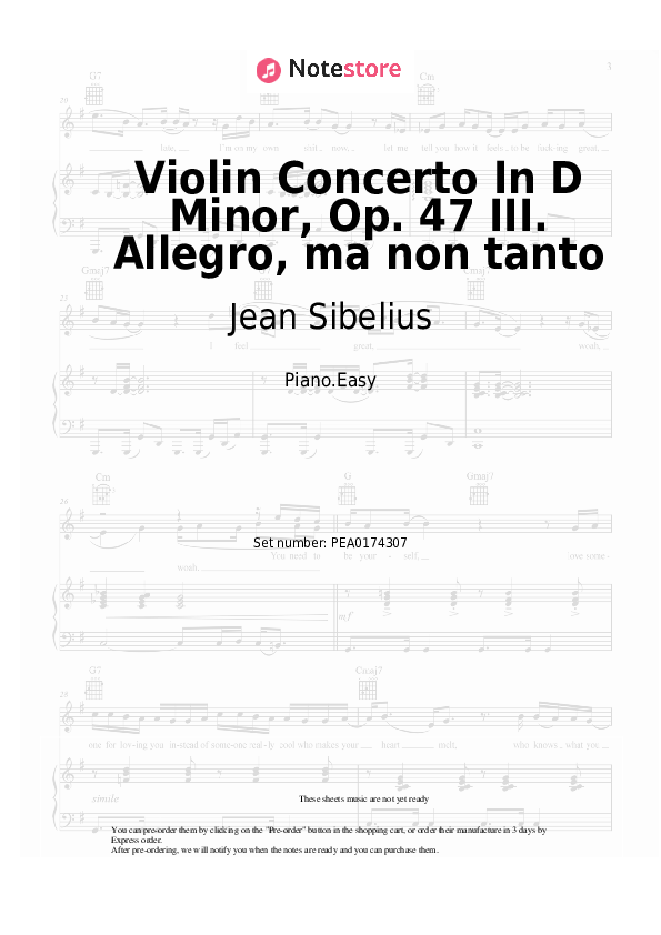 Notas ligeras Jean Sibelius - Violin Concerto In D Minor, Op. 47 III. Allegro, ma non tanto - Piano.Easy