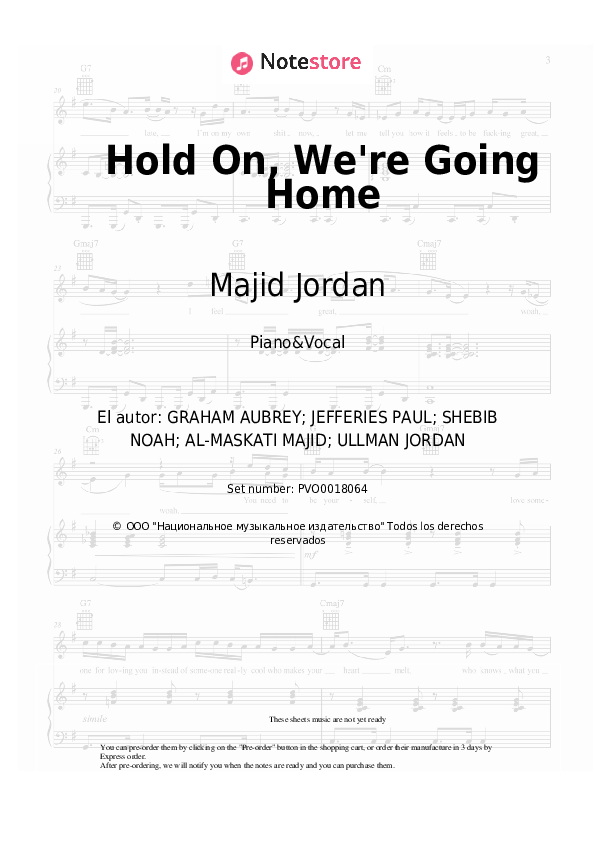 Partituras con voz. Drake, Majid Jordan - Hold On, We're Going Home - Piano&Vocal