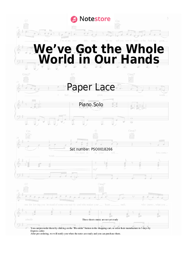 Paper Lace - We’ve Got the Whole World in Our Hands notas para el fortepiano