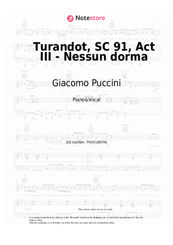 Partituras con voz. Giacomo Puccini - Turandot, SC 91, Act III - Nessun dorma - Piano&Vocal