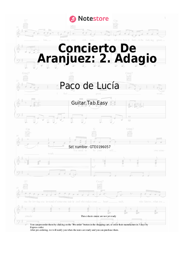 Pestañas fáciles Paco de Lucía - Concierto De Aranjuez: 2. Adagio - Guitarra.Tablatura.Einfach