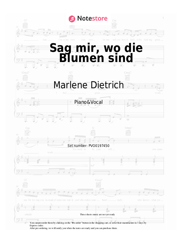 Partituras con voz. Marlene Dietrich - Sag mir, wo die Blumen sind - Piano&Vocal