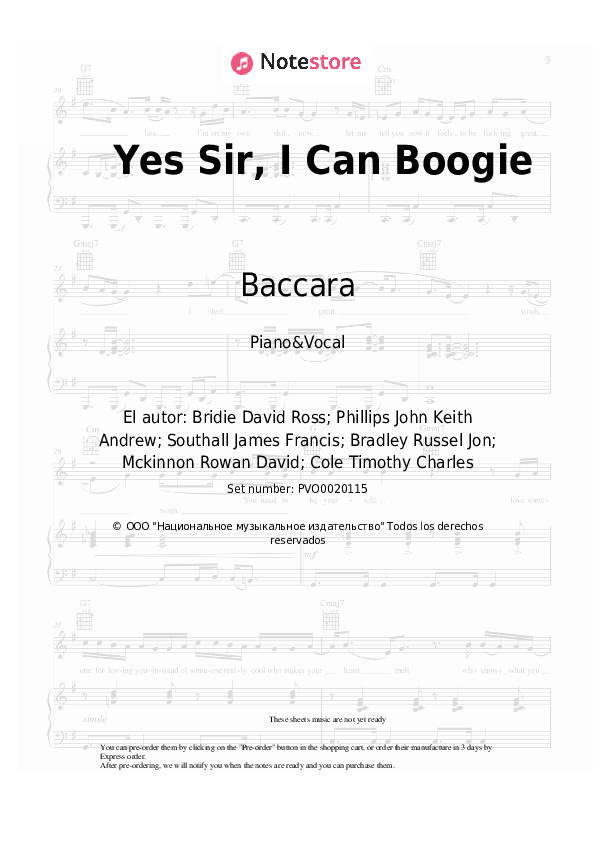 Baccara - Yes Sir, I Can Boogie notas para el fortepiano
