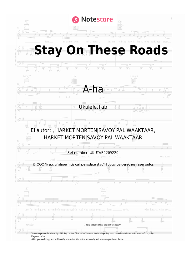 Notas A-ha - Stay On These Roads - Ukelele.Tablatura