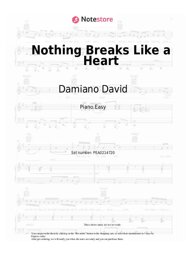 Notas ligeras Damiano David - Nothing Breaks Like a Heart - Piano.Easy