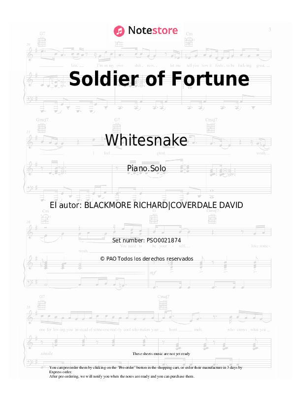 Whitesnake - Soldier of Fortune notas para el fortepiano
