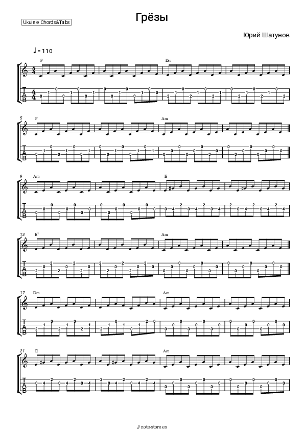 Notas Yuriy Shatunov - Грёзы - Ukelele.Acordes&Tablatura